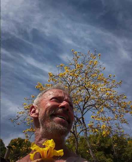 Eduardo Paziam com flores de ipê amarelo